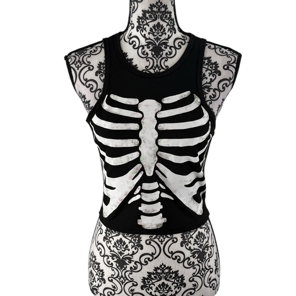 SHEIN Skeleton Ribbed Black Cropped Tank Top Goth Grunge Y2K Sleeveless